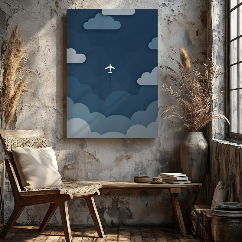 Toile, art numérique minimaliste mettant en vedette un petit avion blanc qui monte à travers un ciel bleu marine profond entouré de tendres impressions sur toile