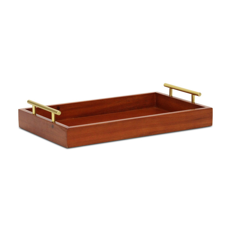 Normant 16" Brown And Gold Solid Wood Handmade Serving Tray With Handles