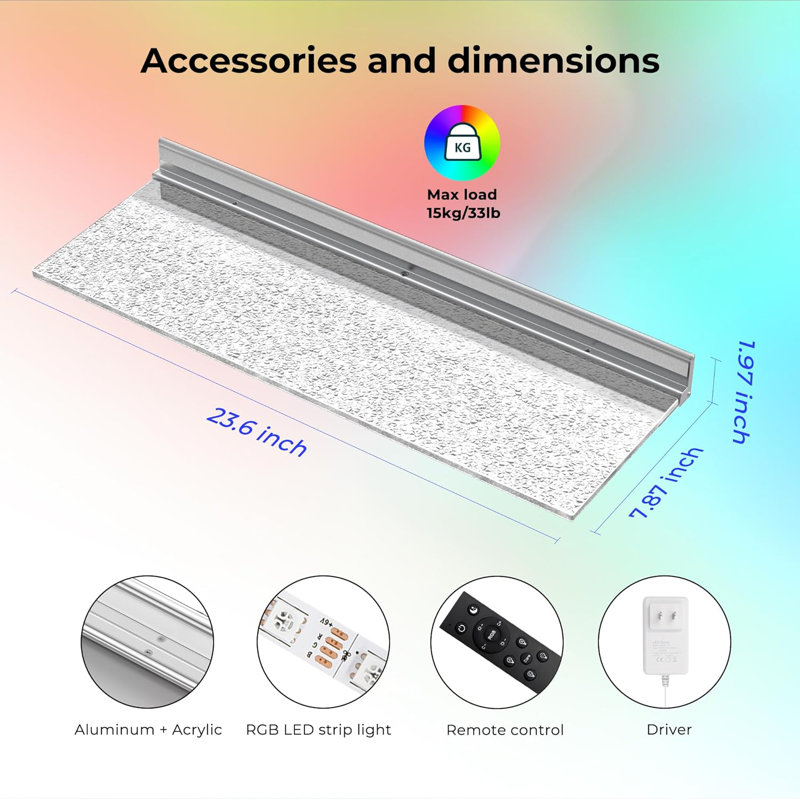  Étagère lumineuse à DEL, étagère murale flottante en acrylique RVB avec télécommande et télécommande, présentoir lumineux pour objets de collection, figurines, mini-bar et salle de divertissement (ensemble de 3)