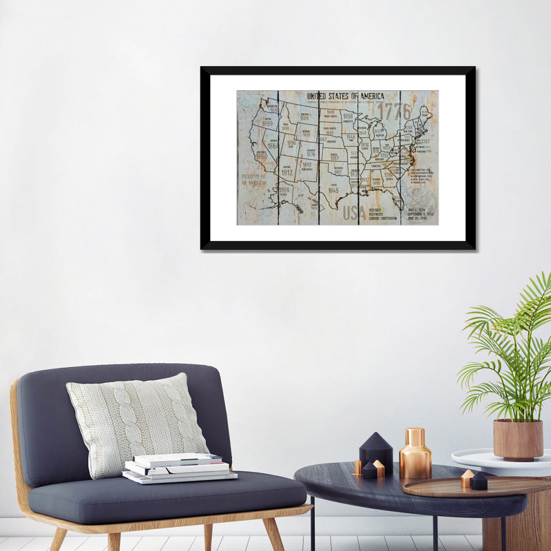 Carte des États-Unis VII, impression sur toile tendue, H 24 po x l 32 po x P 1 po, Papier d'art encadré noir, Blanc