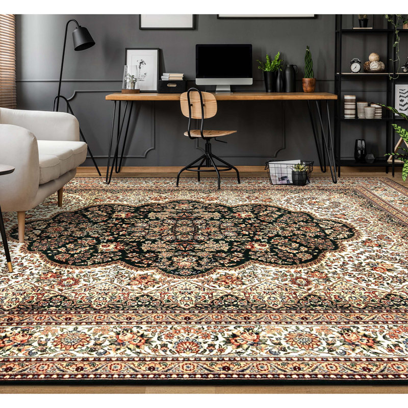 Tapis vert et ivoire noué à la main de haute qualité