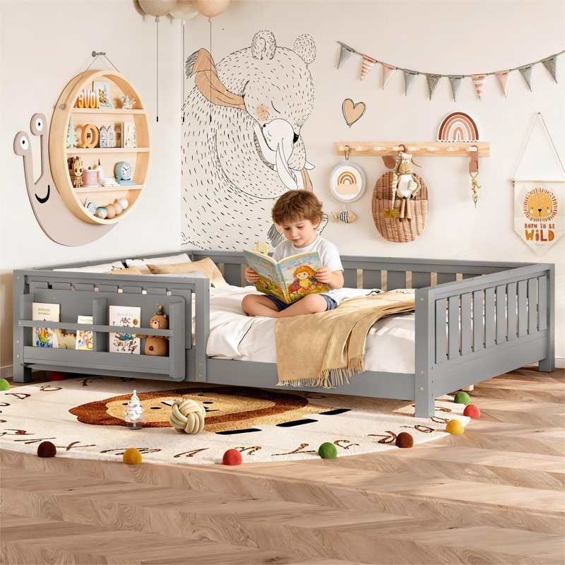Queen Size Kids Floor Bed With Fence And Built-in Bookshelf,Queen Size Montessori Floor Bed With Slats And Safety Guardrail,Easy Assemble Montessori Beds for Kids,Gray