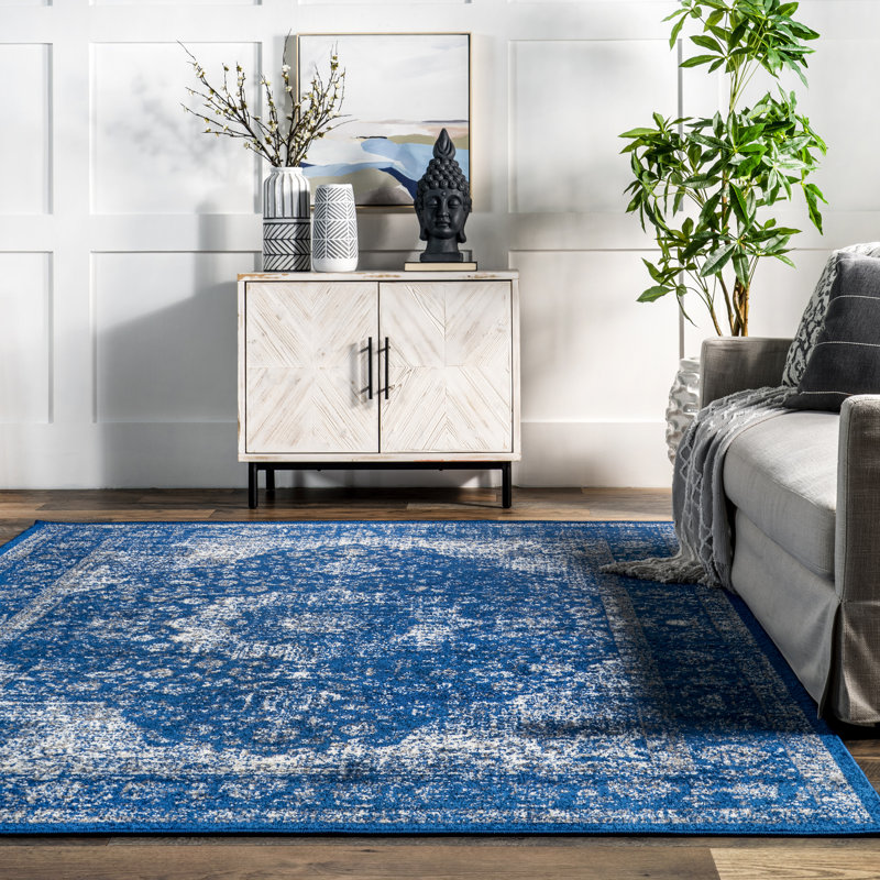 Julieanna Power Loom Performance Oriental Dark Blue Rug, Square 8'