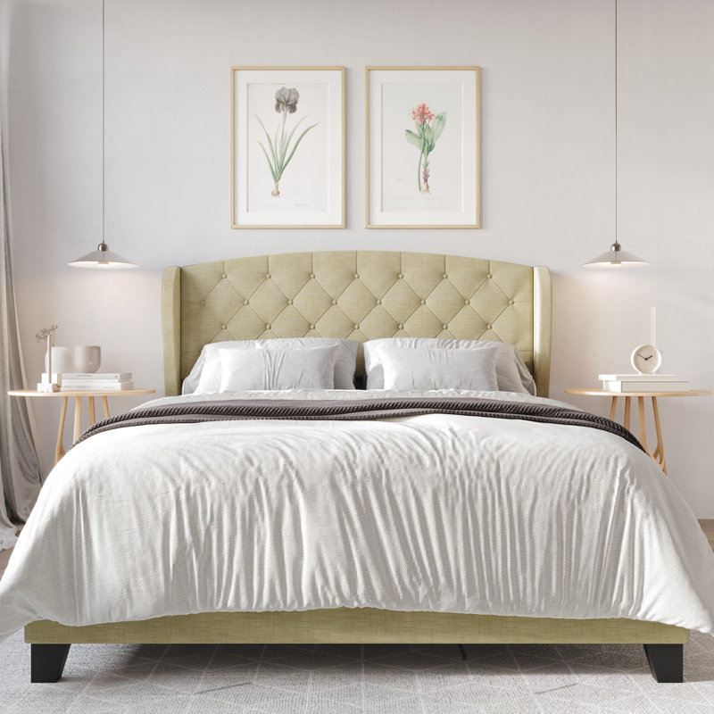 Arieya Upholstered Wingback Bed, Cream, Queen