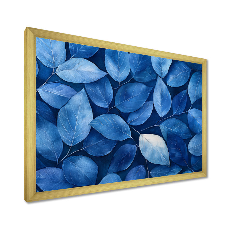 Indigo feuilles feuillage collage II - feuilles, art mural, Reproduction encadrée d'une seule photo, H 30 po x l 40 po, Doré