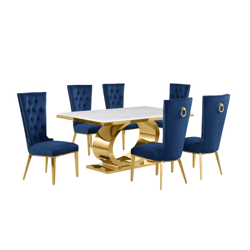 7 pièces Ensemble repas, 7, Marine / doré, Or