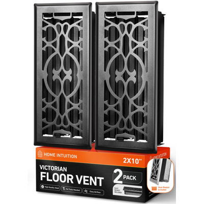 Home Intuition Victorian Floor Vent Covers 2X10 Inch Floor Register with Mesh Cover Trap Heat and Air Walkable Metal Floor Vent for HVAC Duct, Matte Black, 2-Pack
