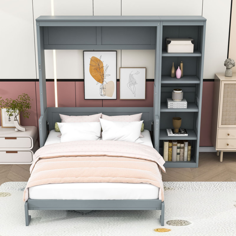 Lit escamotable avec bureau et bibliothèque Murphy, gris, Double
