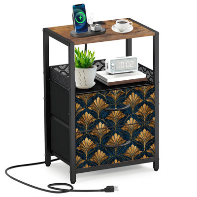 Table de chevet avec 2 tiroirs en tissu et station de charge