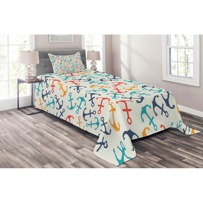 Coastal Polyester Geometric Shapes Coverlet, Twin Bedspread + 1 Sham