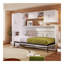 Lit escamotable simple avec tablettes ouvertes et tiroirs de rangement, armoire et table intégrées, blanc