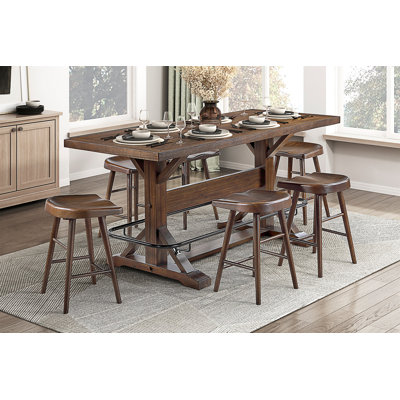 Ensemble de table de salle à manger à hauteur de comptoir brun 7 pièces avec repose-pieds en métal et 6 tabourets
