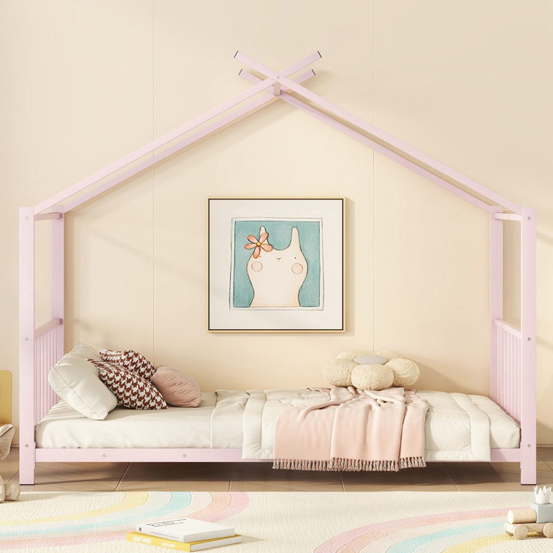 Modern Twin Size House Platform Bed, Pink