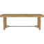 Table de salle à manger rectangulaire autoportante de style rustique-moderne côtier, avec tréteau en laiton antique et 8 places assises. Extension en bois d'hévéa brun. Coins arrondis. Capacité : [à compléter].