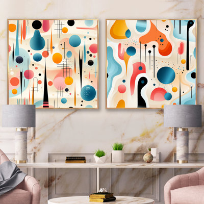 Multicolore motif géométrique Mid-Century sur fond beige - formes abstraites carrées, ensemble de 2 collages