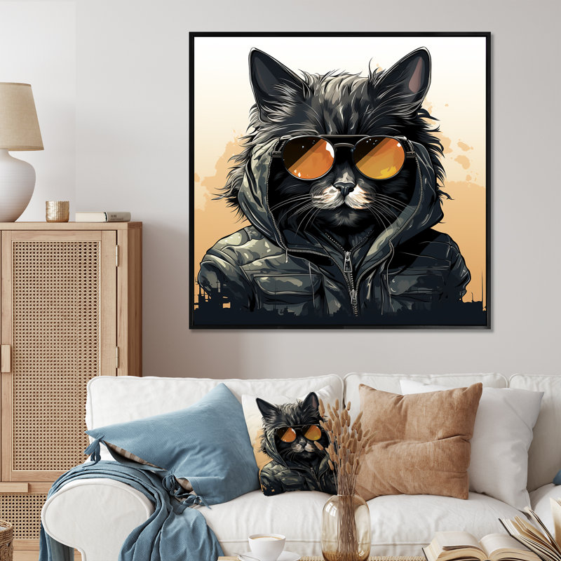 Chat noir dans des verres sur toile, H 24 po x l 24 po x P 1 po, Cadre flottant noir