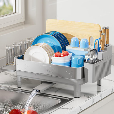 Dish Drying Rack, 304 Stainless Steel Dish Racks for Kitchen Counter, Dish Drainers with Automatic Drainage, Utensil Holder & Cups Holder, Space Saving Kitchen Organizer, (Gray)
