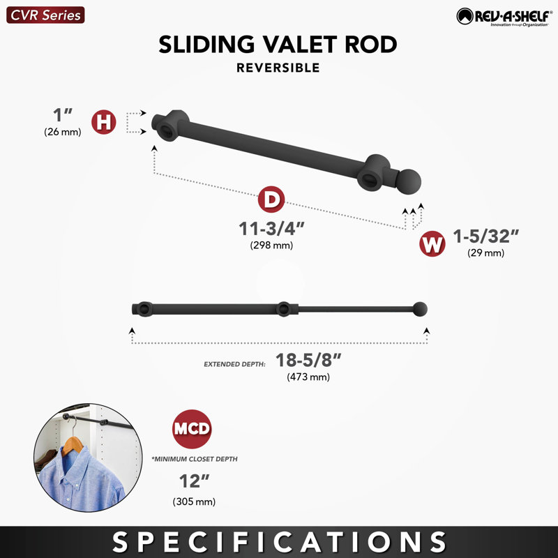 Sliding Valet Rod For Custom Closet Systems, 1" H x 1.13" W x 11.81" D