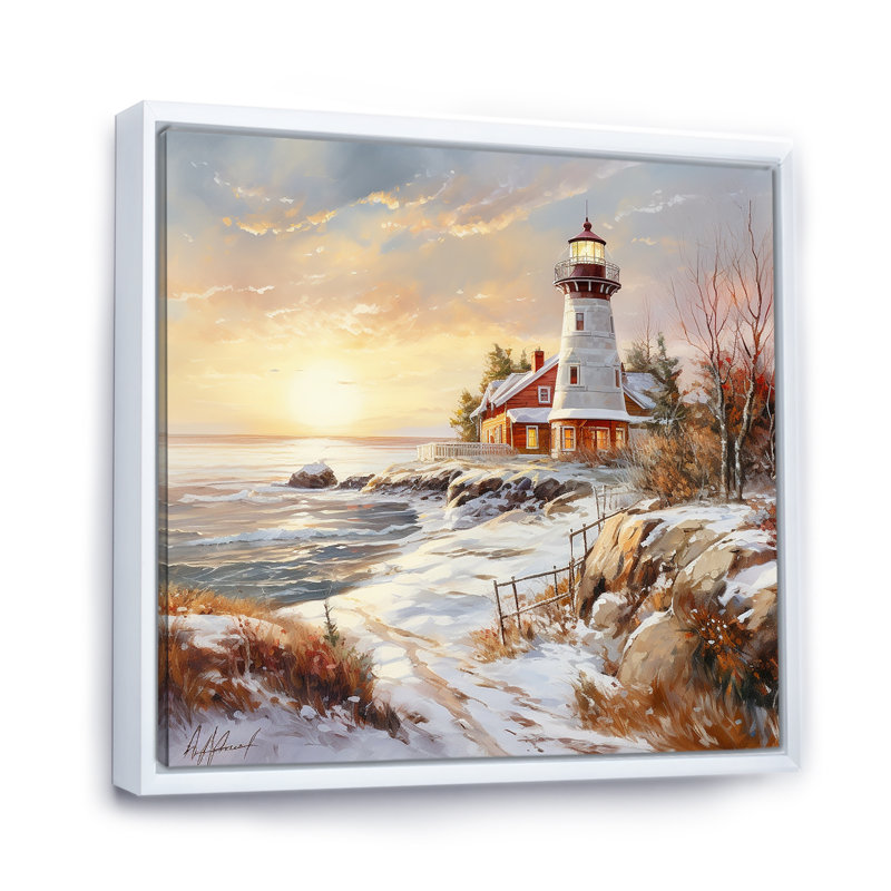 «Coastal Light House Charm in Winter I», reproduction sur toile, Cadre flottant blanc, 16" H x 16" W