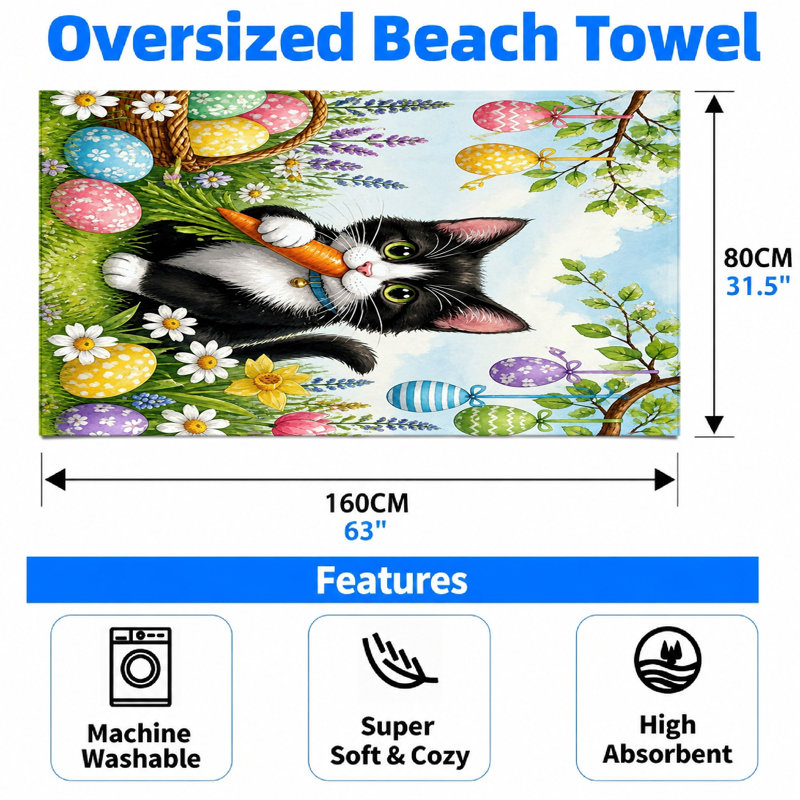 1Pcs Mignon chat, serviette de plage de Pâques, mettant en vedette un noir et blanc avec des yeux verts tenant une carotte, entouré de fleurs d'œufs. La microfibre est parfaite pour la natation, les voyages et les voyages unisexes.
