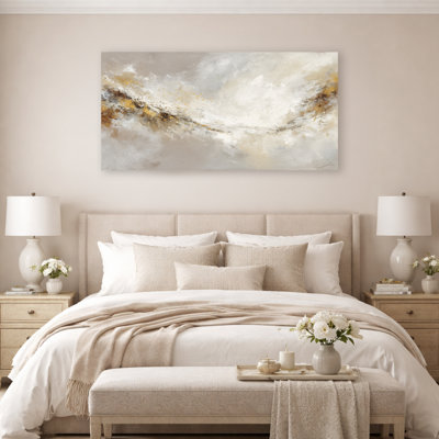Art mural moderne neutre abstrait avec accents dorés appliqués à la main sur toile tendue