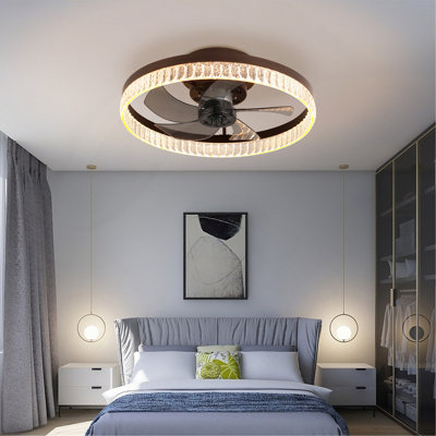 20" Brown Ceiling Fan With LED Light – Modern Flush Mount Fan Light For Bedroom, Living Room, And Home Décor With Crystal Ring Design