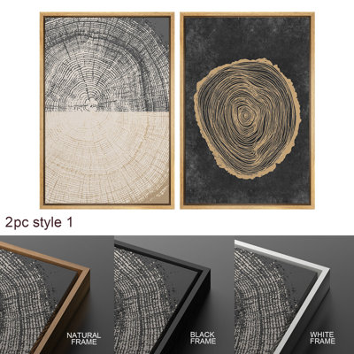 Wood Tree Ring Illustrations, Abstract Neutral Pictures, Giclee Canvas Digital Print Framed Wall Art
