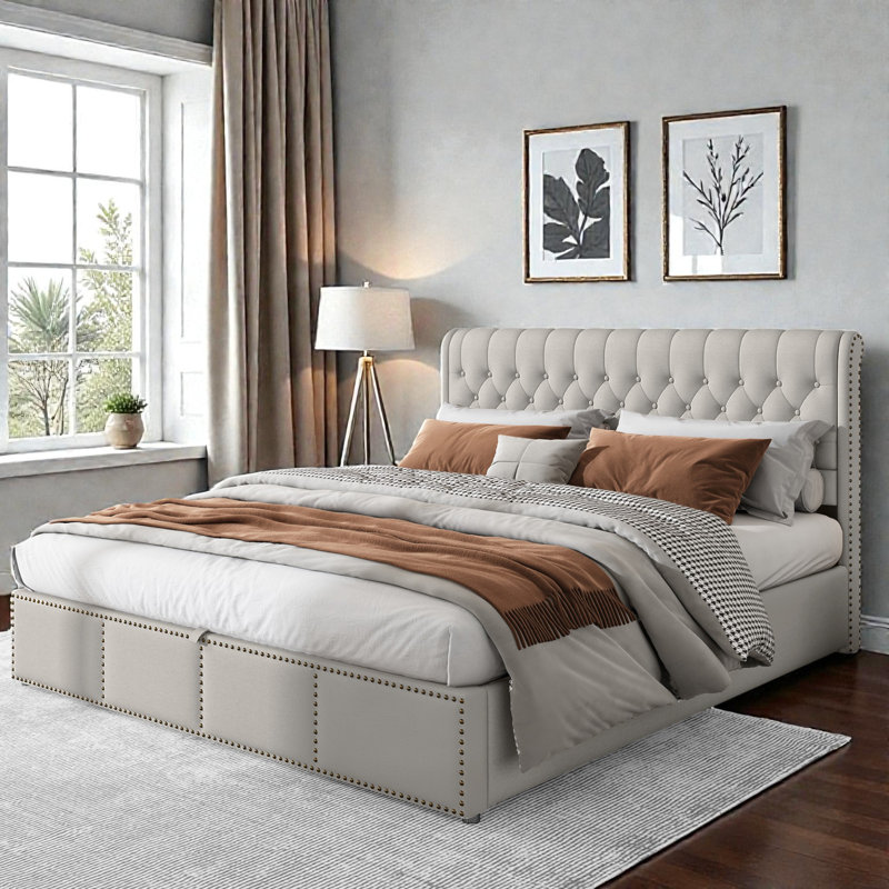 Caddo Velvet Upholstered Bed With Hydraulic Lever, Functional Storage Bed, Rivet Decoration, Super King (6'), Light Grey