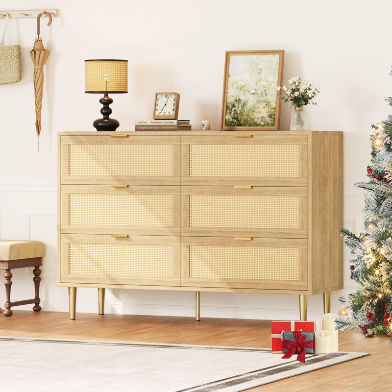 Commode 6 tiroirs en rotin, commode en bois de ferme avec 5 pieds en métal, poignées dorées, commode large double pour chambre à coucher, salon, blanc