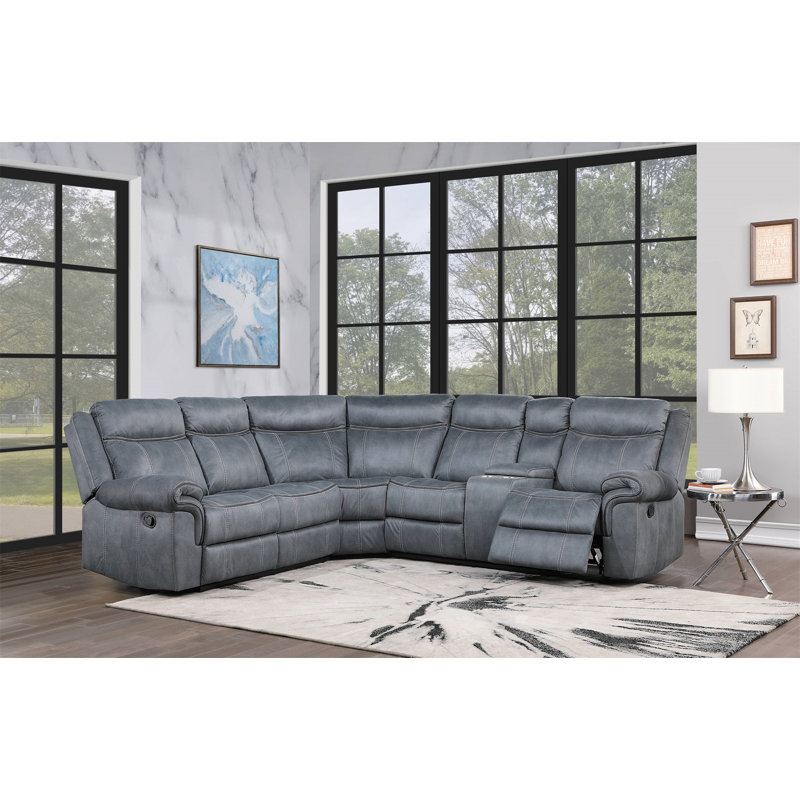 Canapé modulaire inclinable manuel bicolore avec port USB et porte-gobelet Dollum, Tissu gris