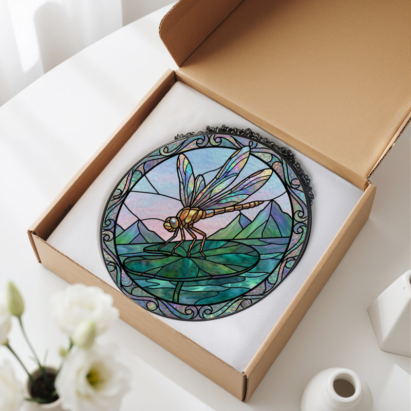 7.8"H Dragonfly Landscape Stained Glass Window Panel, 7.8" H x 7.8" W