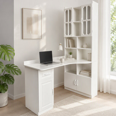 Bureau d'ordinateur d'angle en L pour bureau à domicile ou bureau d'étude, table d'étude de style moderne avec tiroirs, bibliothèque et huche, conception en L 2 en 1, grand espace de travail, blanc