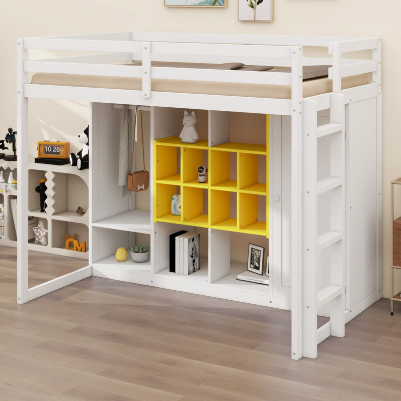 Lit mezzanine en bois avec garde-robe, tablettes et armoire, Blanc / jaune, Lit simple