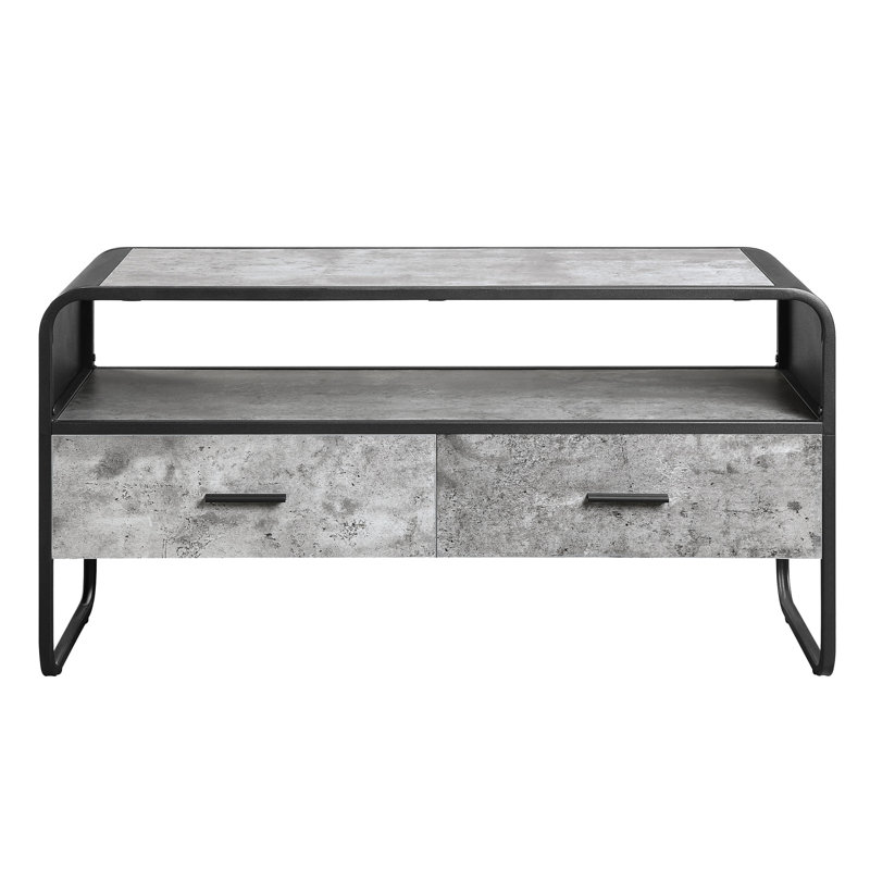 Meuble télé gris béton avec tiroir latéral à glissières métalliques et plateau de 15 mm d'épaisseur pour téléviseurs de 39 pouces ou moins et structure de console noire extensible jusqu'à