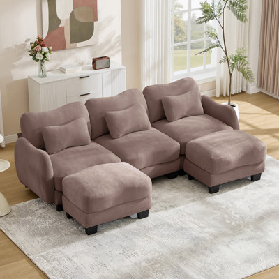 Canapé en forme de U en chenille avec 3 coussins de taille exquise, canapé modulaire surdimensionné à 3 places avec 2 repose-pieds mobiles, conception incurvée ergonomique, canapé modulaire facile à assembler pour le bureau du salon, poussière de rose