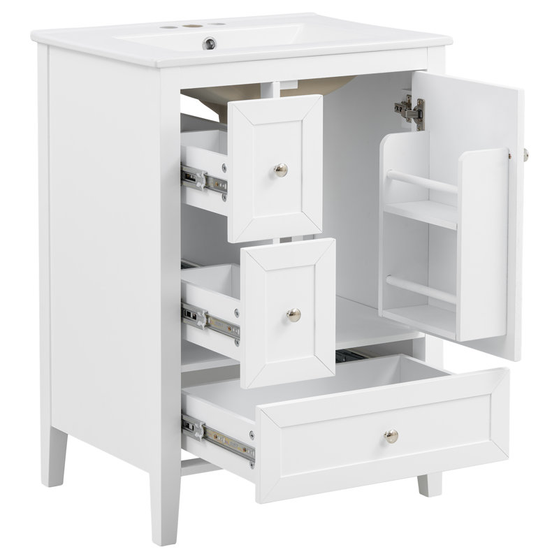 24" Modern Bathroom Vanity with Ceramic Sink, White