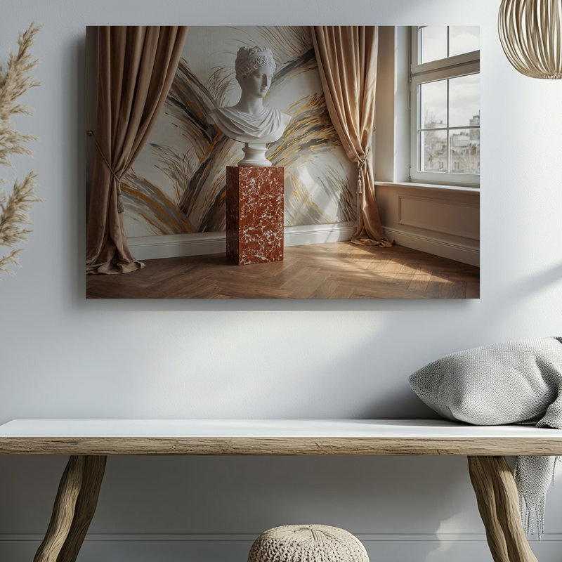 Toile, une scène d'intérieur classique mettant en vedette un buste en marbre blanc sur un art mural, H 9 po x l 12 po