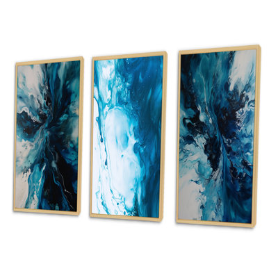 «Sarcelle et noir fantaisie aqueuse», 3 pièces sur toile
