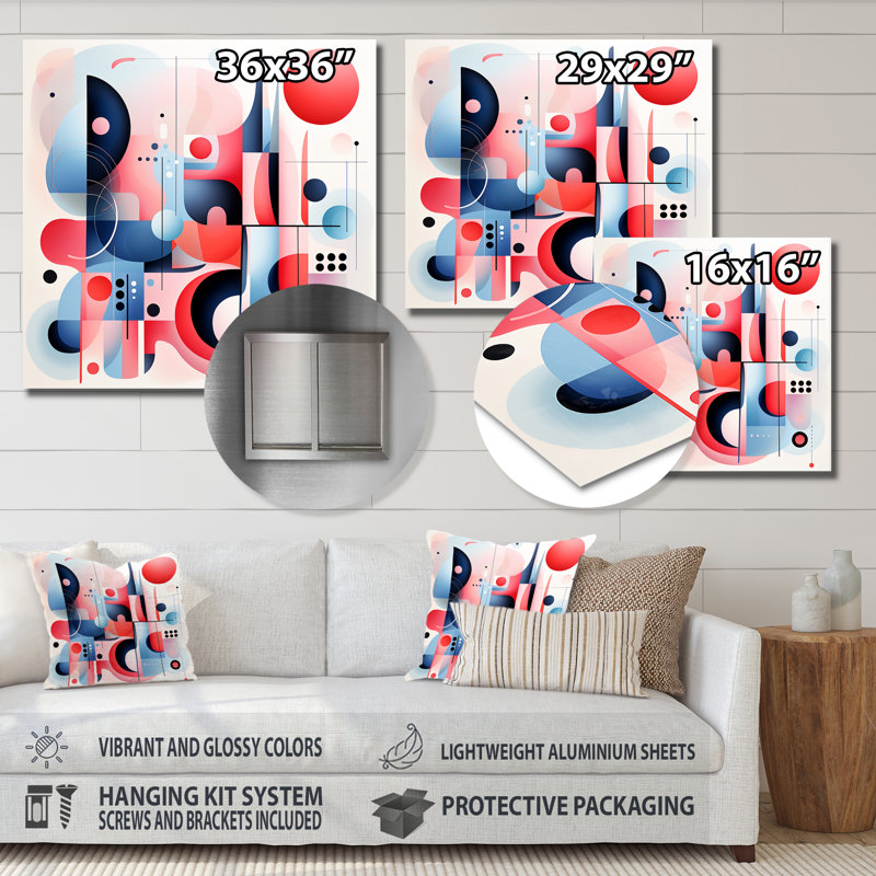 «Mid Century Form» bleu et rouge - reproduction d'art murale abstraite en métal, H 16 po x l 16 po