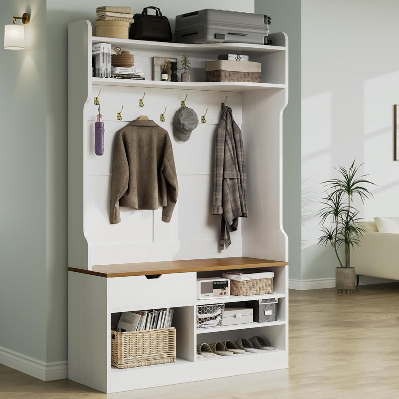 Portemanteau 71 po avec banc et rangement pour chaussures, portemanteau campagnard avec crochets, Blanc / brun