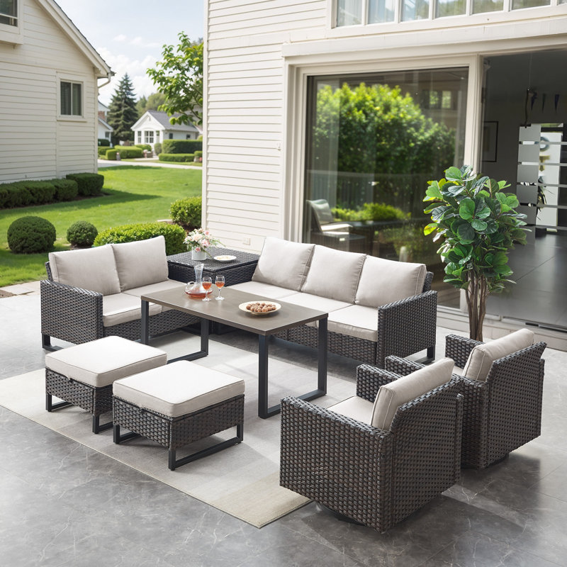 Ingvald 8- Pieces Outdoor Sectional Seating Group With Wicker Water Resistant Storage Deck Box And Cushions, Beige