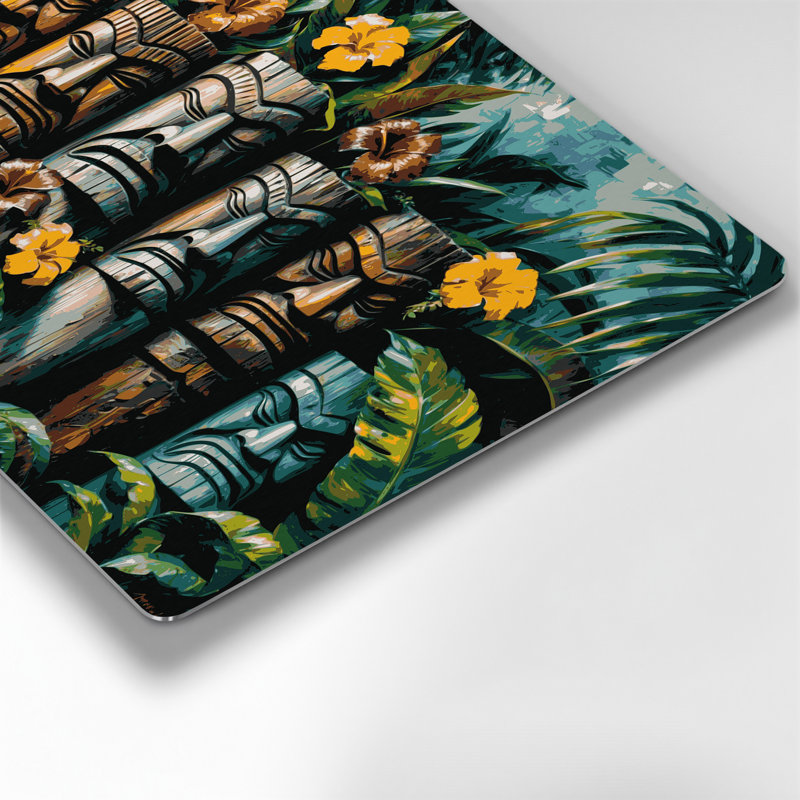 Art mural en métal vert, statues tiki hawaïennes, H 11 po x l 14 po