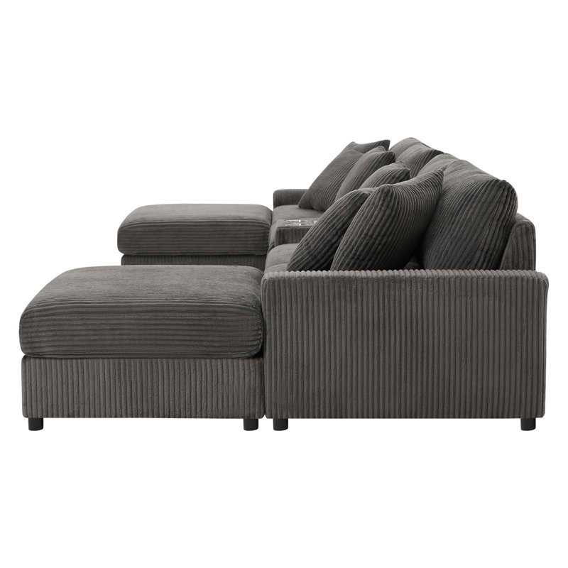 Canapé modulaire 144 * 64 po en velours côtelé avec haut-parleurs Bluetooth, canapé en U avec console, chargeur USB, porte-gobelets, rangement, repose-pieds, canapé à sièges profonds et larges pour salon et appartement