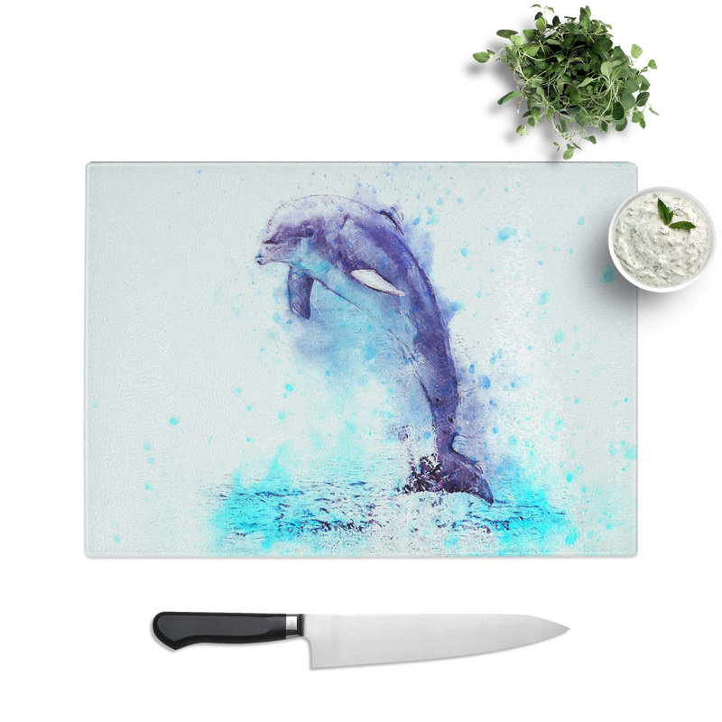 Glass Jumping Dolphin in Abstract Chopping Board, 39 cm W x 28.5 cm L