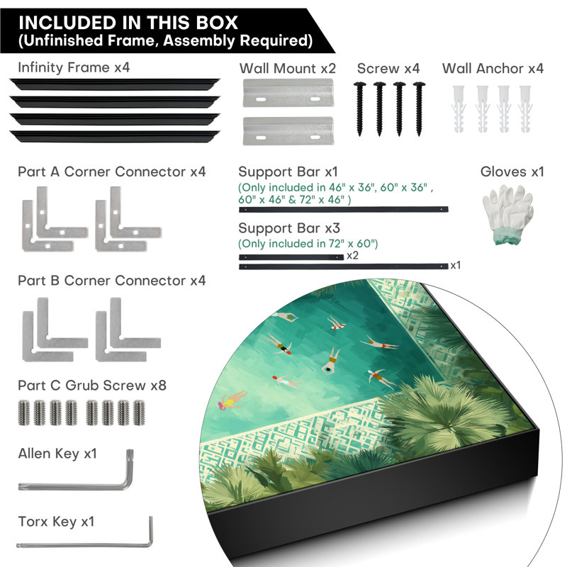 Très grand art mural imprimé sur toile - Scène de bord de piscine aérienne avec nageurs, design moderne tropical, décoration d'art contemporain pour le salon ou la chambre à coucher - «Assemblage requis du cadre (cadre non fini)»