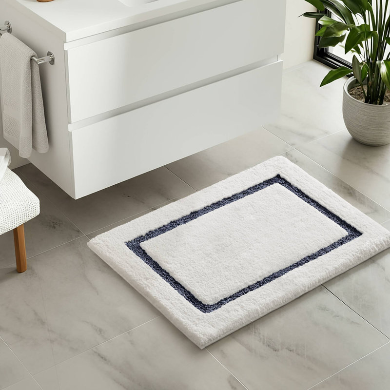 Roan Border Tufted Bath Rug, White/Navy, 32" L x 20" W