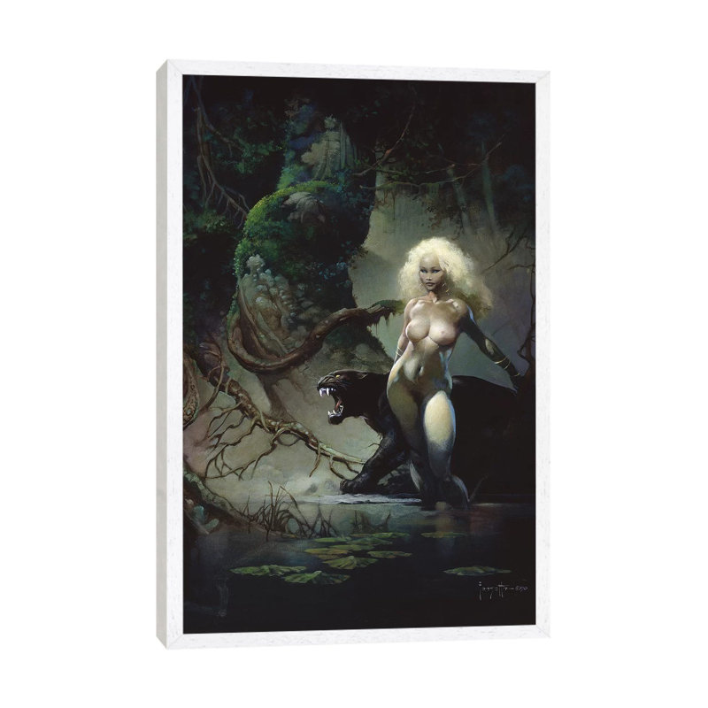 Princess And The Panther by Frank Frazetta - Print on Canvas, 101.6 cm H x 66.04 cm W, White Framed
