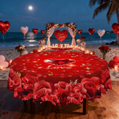 Valentine's Day Tablecloth - Red Rose & Crystal Heart Decorative Table Cover, Romantic Love-Themed Fabric Tablecloth for Valentine Dinner, Holiday Party, Kitchen Dining, Reusable Washable Tablecloth, Elegant Valentine Home Decor for Round Tables