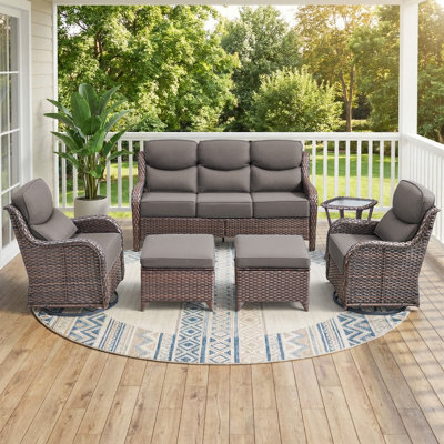 Abbey 6-Piece Wicker Patio Conversation Set With 6-Inch Luxury Cushions Swivel Chairs, Ottomans, Side Table