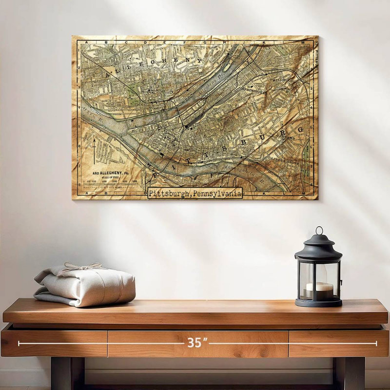 Carte rétro de la ville de Pittsburgh sur toile, H 16 po x l 24 po x P 1,25 po